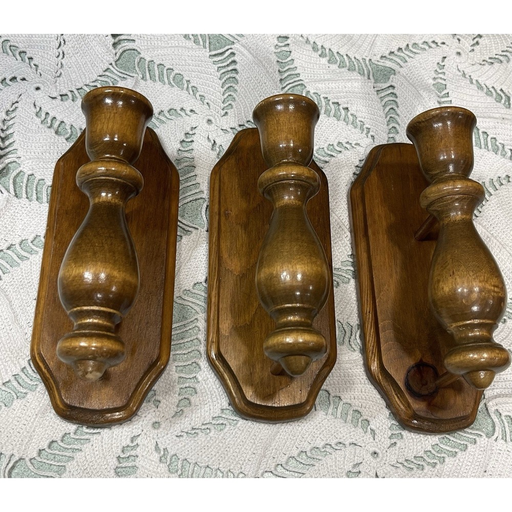 Vintage 70s Colonial Wood Wall Sconce Candle Holders Wooden Rustic Decor 3